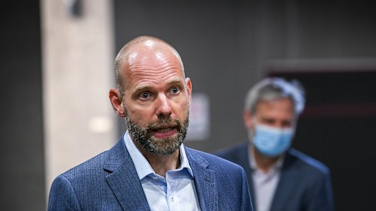 Testing commander Jeroen Weimar speaking to the media on Wednesday.