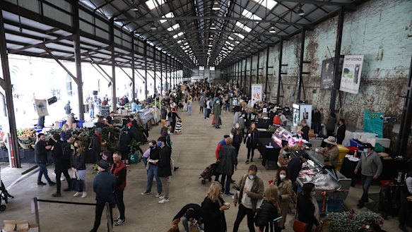 Crowd controls limited the number of shoppers at Carriageworks Farmers Markets.