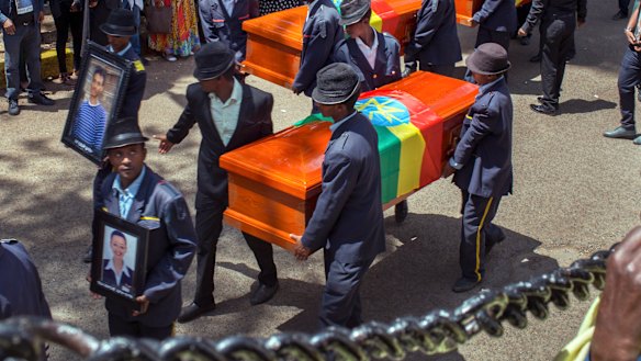 A mass funeral procession for some of the crash victims outside the Holy Trinity Cathedral in Addis Ababa on Sunday.