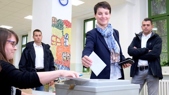 Head of the anti-migrant Alternative for Germany, or AfD, Frauke Petry casts her vote in Leipzig in September.