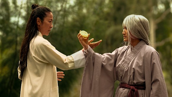 Michelle Yeoh (left) and Jing Li  in a scene from Everything Everywhere All at Once.