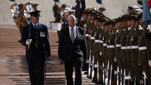 Governor-General David Hurley inspects the Royal Guard after he was sworn in at Parliament House in Canberra.