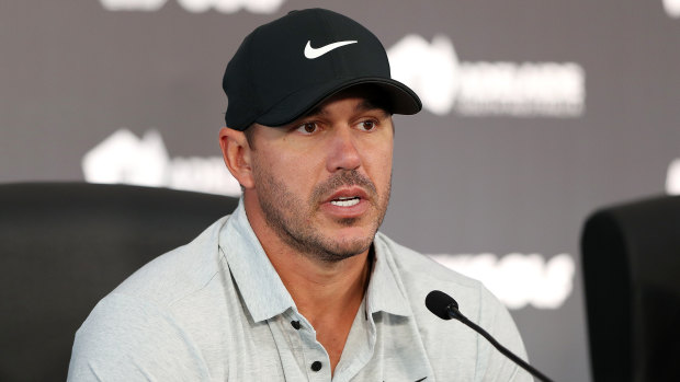 Brooks Koepka speaks to the media on Wednesday.