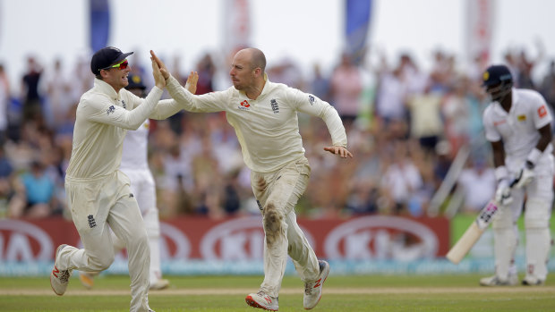 Left-field option: Jack Leach celebrates a wicket during England's tour of Sri Lanka last year.