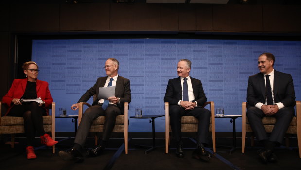 Campaign for media freedom ... in the wake of the AFP media raids, National Press Club president Sabra Lane talks on Wednesday to News Corp Australia executive chairman Michael Miller, Nine CEO Hugh Marks and ABC managing director David Anderson. 
