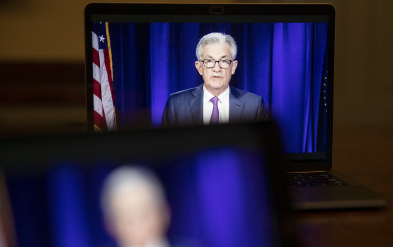 Fed chairman Jerome Powell during a virtual news conference. The US central bank has extended its restrictions on bank dividends.