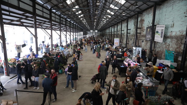 Crowd controls limited the number of shoppers at Carriageworks Farmers Markets.
