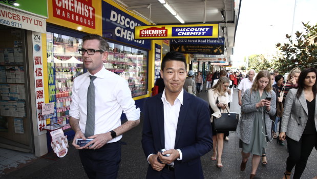 NSW Treasurer Dominic Perrottet with the NSW candidate for Kogarah Scott Yung during a visit to Hurstville.