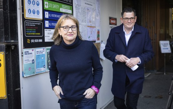 Premier Daniel Andrews and his new deputy Jacinta Allan after Labor’s caucus meeting on Saturday.