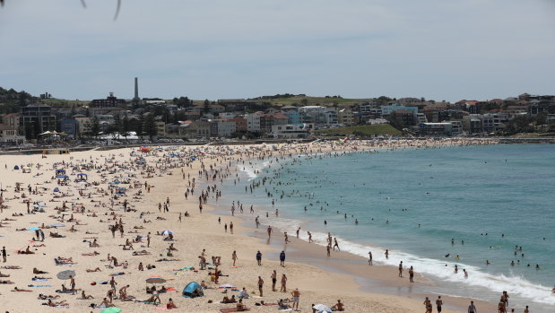 Beachgoers flocked to Bondi on Saturday at the start of an extremely hot weekend in Sydney.