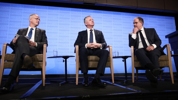 News Corp Australasia executive chairman Michael Miller, Nine chief executive Hugh Marks and ABC managing director David Anderson on Wednesday.