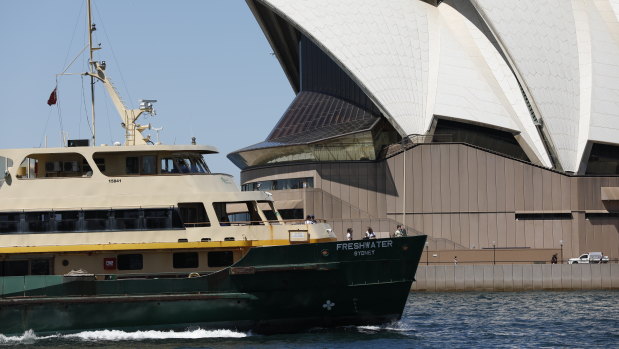 A Freshwater ferry passes the Sydney Opera House.