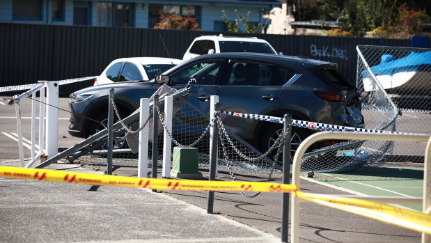 The scene of a crash at the Miranda netball courts where people were injured.