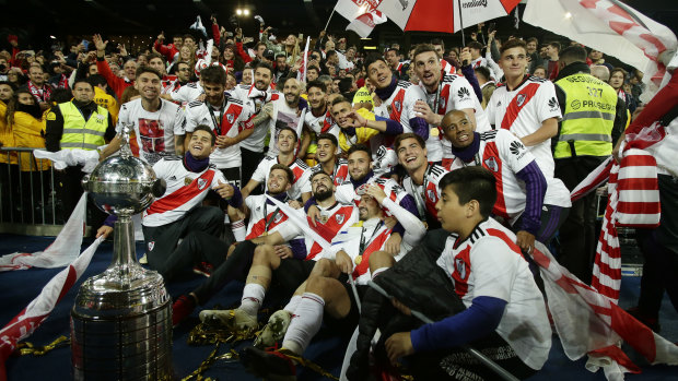 River Plate celebrate after winning the Copa Libertadores in Madrid.