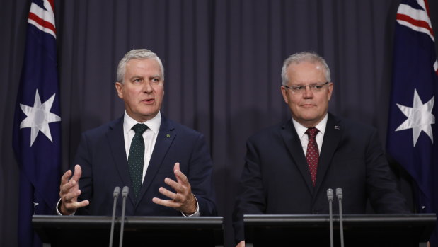 Prime Minister Scott Morrison and Deputy Prime Minister Michael McCormack speak to the media about a ministerial reshuffle at Parliament House on February 6.