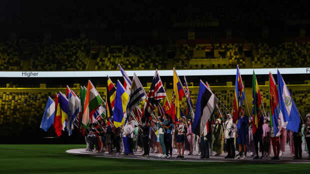 A view as the flag bearers of the competing nations enter the stadium.