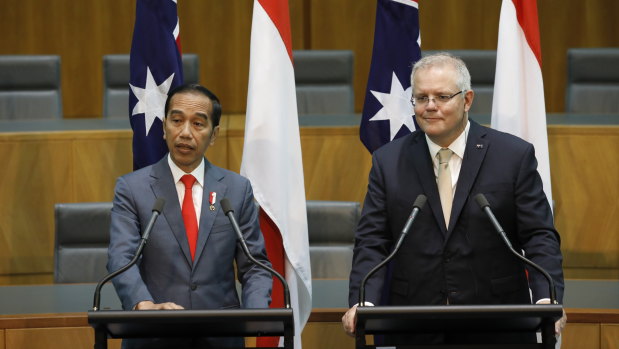 President of Indonesia Joko Widodo and Prime Minister Scott Morrison address the media at Parliament House.