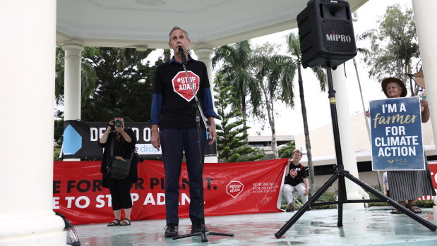 Former Greens Leader Bob Brown attends a Stop Adani rally in the same park as a Go Galilee Basin pro-coal mining rally at Mackay.