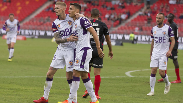 Former Wanderers loanee Chris Ikonomidis keeps his celebration subdued after scoring the opener for Perth.