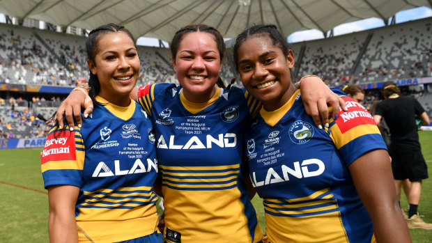 Eels stars Tiana Penitani, Kennedy Cherrington and Taina Naividi after a game earlier this year.