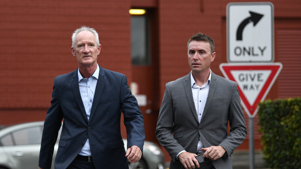 One Nation party officials Steve Dickson (left) and James Ashby front the media in Brisbane.