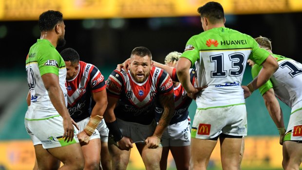 Sydney Roosters prop Jared Waerea-Hargreaves packs for a scrum against the Raiders earlier in the season.