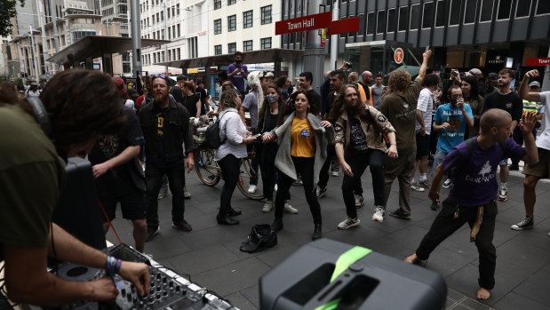 Protesters danced at each intersection as the Reclaim the Streets and Keep Sydney Open march made its way through the city streets.