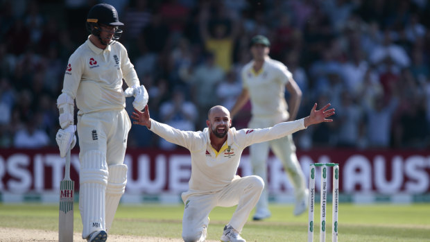 Nathan Lyon appeals after Ben Stokes is hit on the pads with England one run behind Australia.