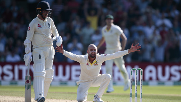 Nathan Lyon appeals after Ben Stokes is hit on the pads with England one run behind Australia.