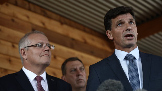  Energy Minister Angus Taylor, right,campaigning  with Prime Minister Scott Morrison in Tasmania last month.