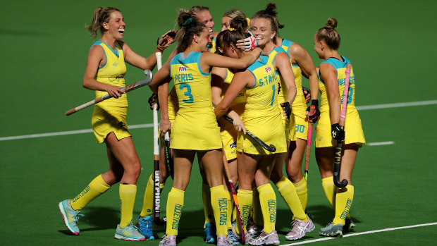 The Hockeyroos celebrate a Sophie Taylor goal en route to the win that qualified them for the Olympics.