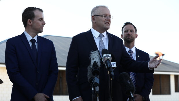 Scott Morrison, flanked by Senator Dean Smith and Liberal Candidate for Cowan Isaac Stewart and Liberal Candidate for Stirling Vince Connelly, in Perth.