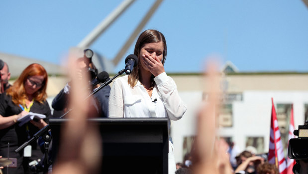Brittany Higgins speaks at the March 4 Justice protest to rally against the Australian Parliament’s ongoing abuse and discrimination of women in Australia at Parliament House in Canberra on March 15, 2021. 