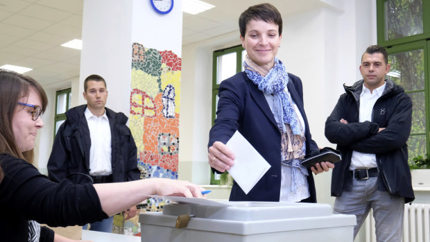 Head of the anti-migrant Alternative for Germany, or AfD, Frauke Petry casts her vote in Leipzig in September.