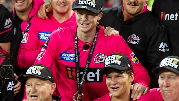 Steve Smith celebrates the Sydney Sixers' BBL win last season.