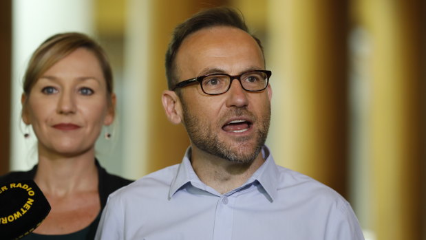 The new leader of the Greens, Adam Bandt, with co-deputy leader Larissa Waters.
