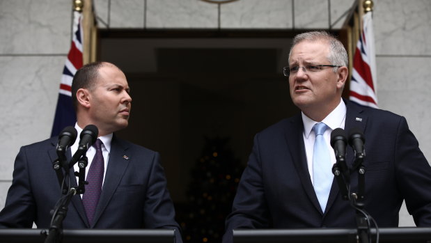 Prime Minister Scott Morrison and Treasurer Josh Frydenberg speak to the media on Tuesday morning.