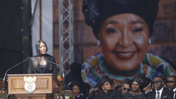 British model Naomi Campbell pays tribute at the funeral of struggle icon Winnie Madikizela-Mandela, at the Orlando Stadium in Soweto, South Africa, Saturday, April 14, 2018. 