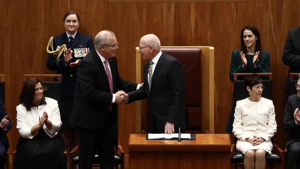 Prime Minister Scott Morrison congratulates General David Hurley after he was sworn in as Australia's 27th Governor-General.