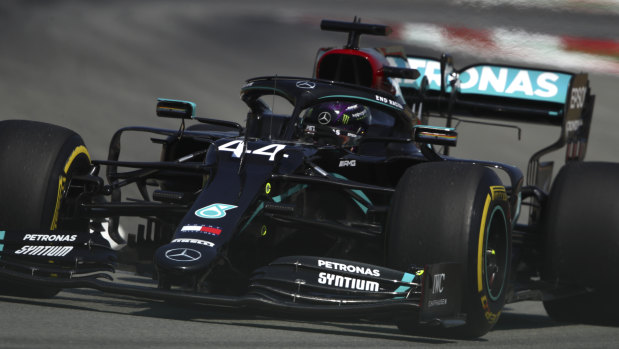 Lewis Hamilton steers his car during practice.