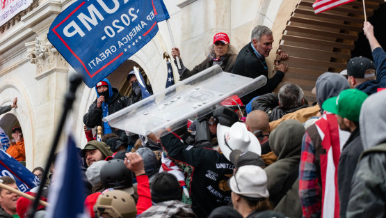 Demonstrators try to enter the US Capitol building on January 6.