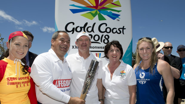 Then-premier Campbell Newman with Gold Coast mayor Tom Tate and then-Games Minister Jann Stuckey during the 2013 Queen's Baton relay.