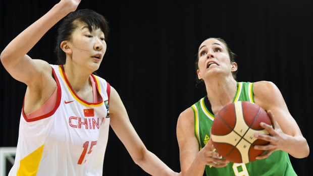 Key figure: Rebecca Allen of the Opals lines up a shot against China during a FIBA Asia Cup warm-up match in Canberra.