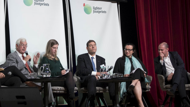 Kooyong candidates including Josh Frydenberg (right), Oliver Yates (centre) and Julian Burnside (left) attend a Lighter Footprints community climate forum.