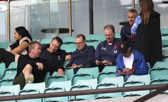Trent Robinson and Nick Politis (left) at Wentworth Park on Sunday to watch Sam Walker play NSW Cup.