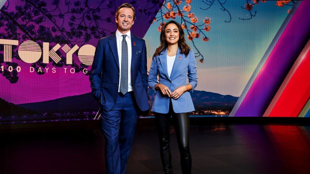 Seven’s Hamish McLachlan and Abbey Gelmi in a promotional shot for the upcoming Tokyo Olympics.