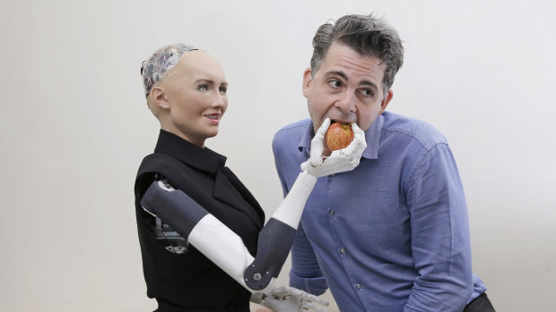 Sophia, a lifelike robot at the forefront of artificial intelligence, with her creator David Hanson.