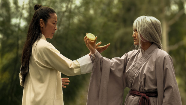 Michelle Yeoh (left) and Jing Li  in a scene from Everything Everywhere All at Once.
