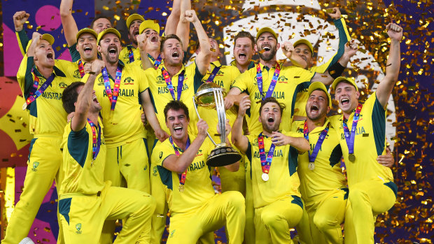 Australia celebrate a remarkable victory over India in the World Cup final in November.