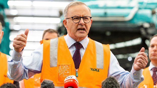 Albanese speaks to the press during a visit to the Toll NQX national office in Berrinba. 
